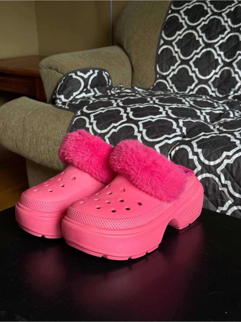 Pink platform crocs